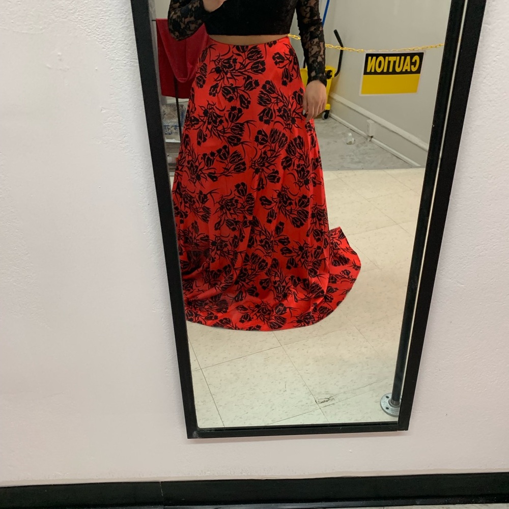 Elegant Red and Black Floral 2 Piece Dress